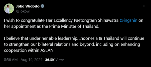 Jokowi Beri Selamat kepada PM Terpilih Thailand Paetongtarn Shinawatra